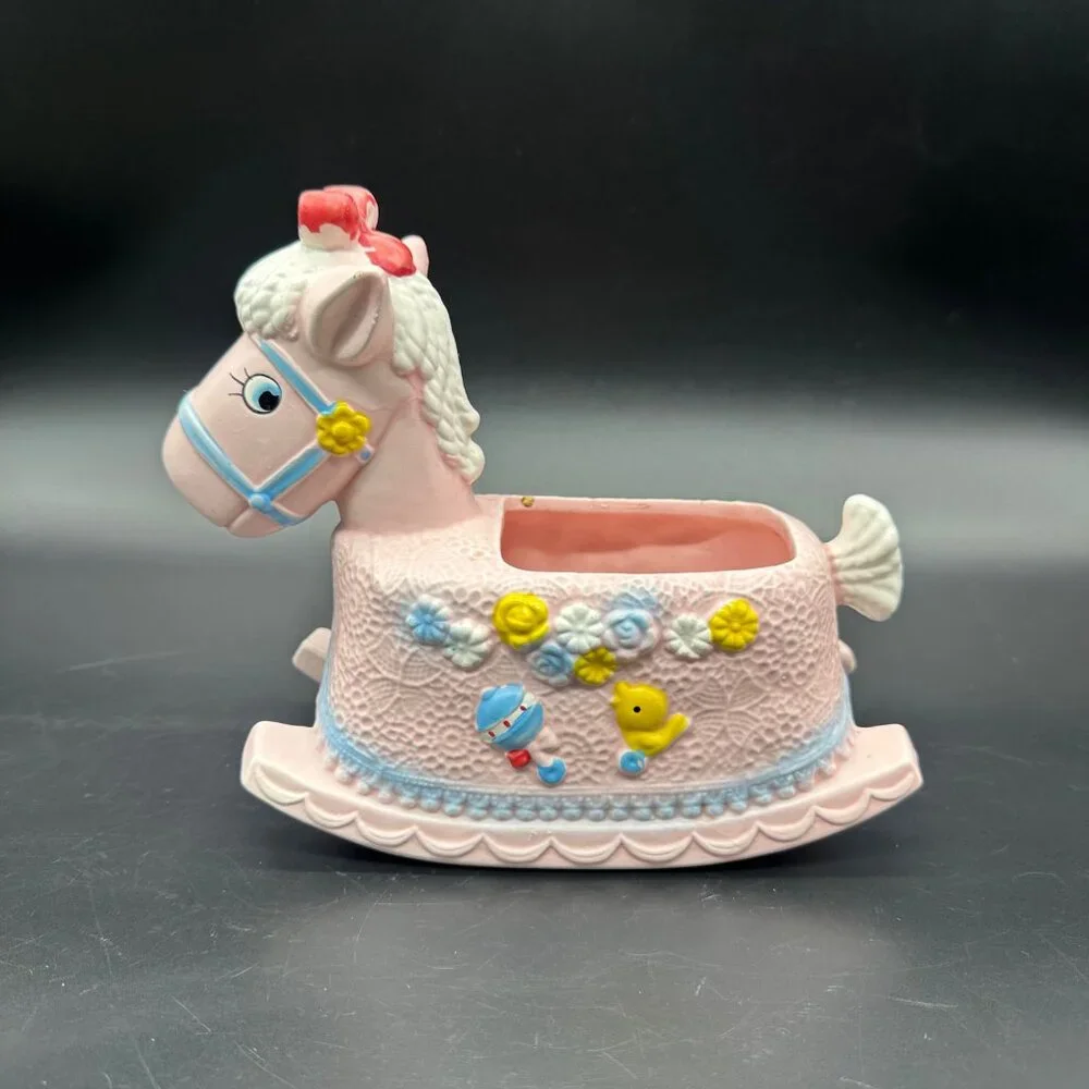 Vintage Baby Rocking Horse Planter Pink Kitsch Napco Taiwan Catch All Storage - Picture 4 of 12